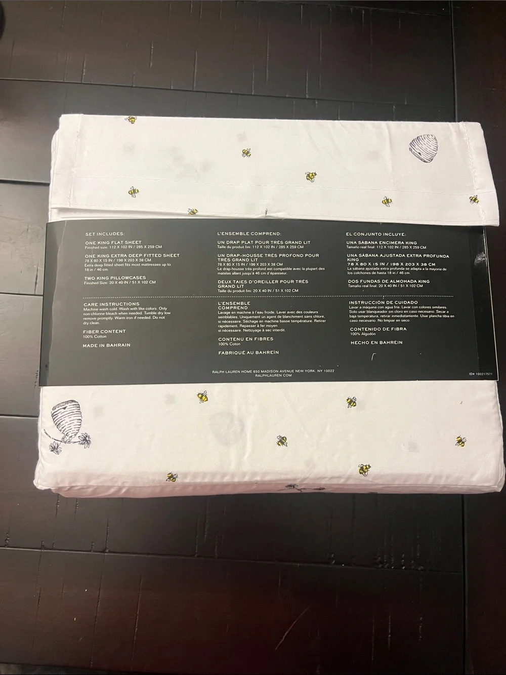Ralph Lauren Bee Beehive Sheet Set King new White Flat, Fitted. 2 Pillow Cases